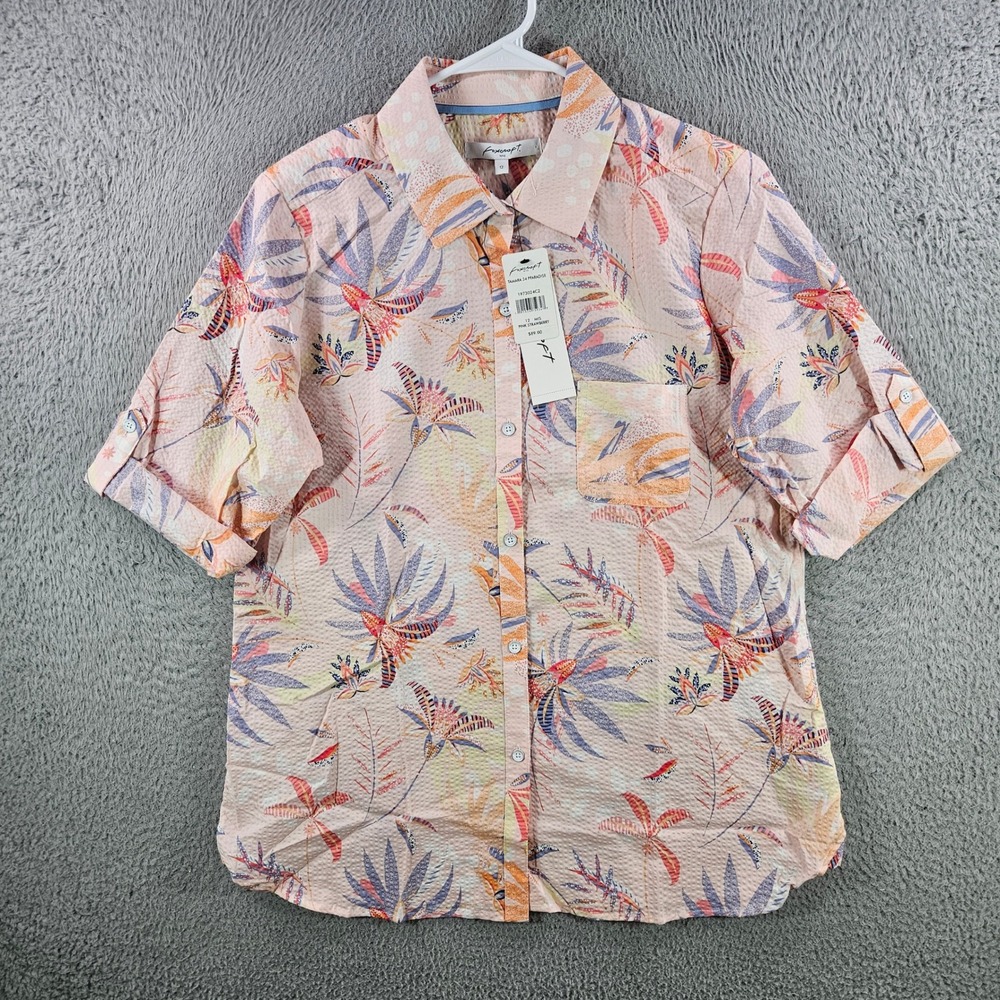 Foxcroft Tamara 34‎ Paradise Seersucker Shirt Pink Strawberry Tropical Sz 12 NEW